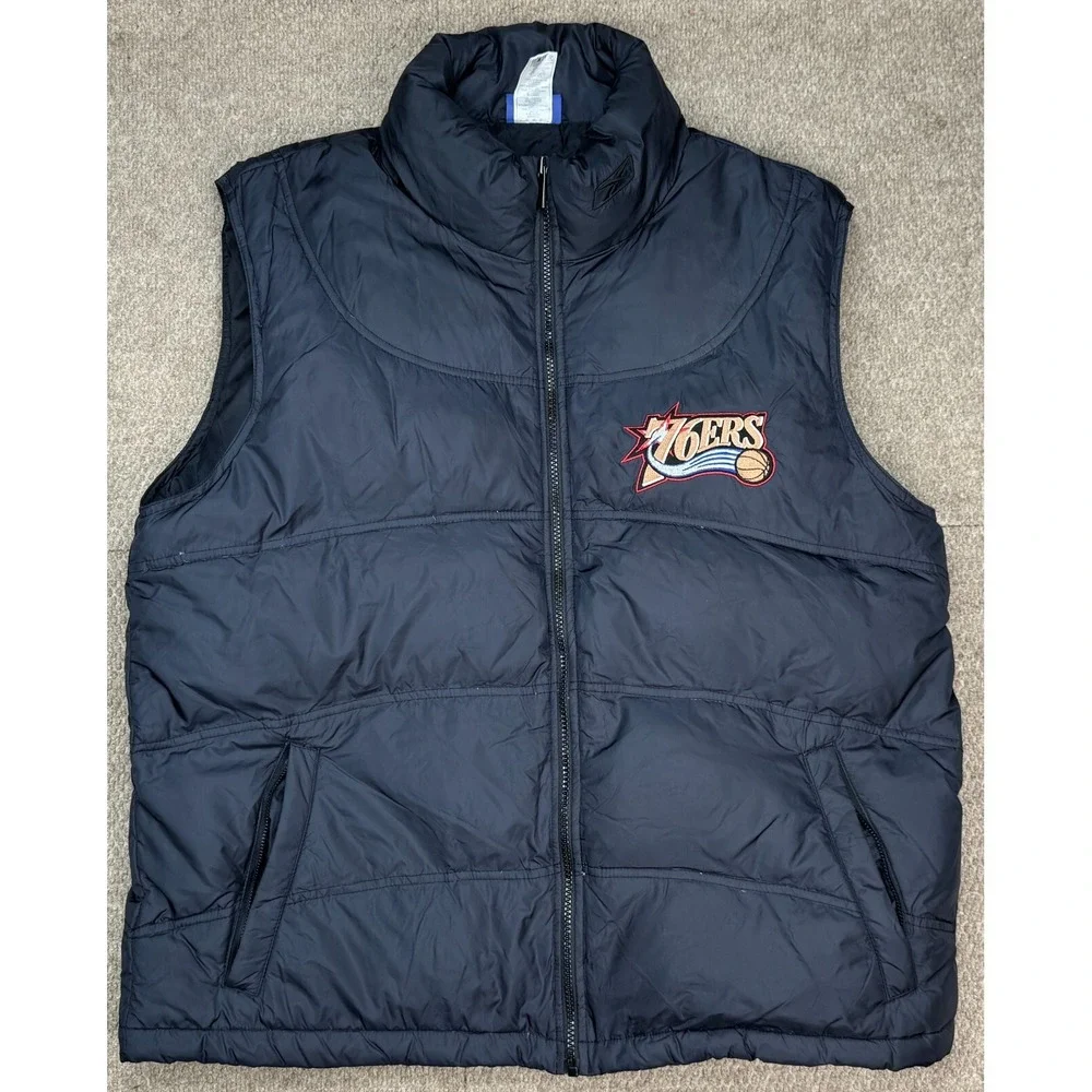 Reebok NBA Philadelphia 76ers Vtg & Rare Black Down Puffer Vest Size Large